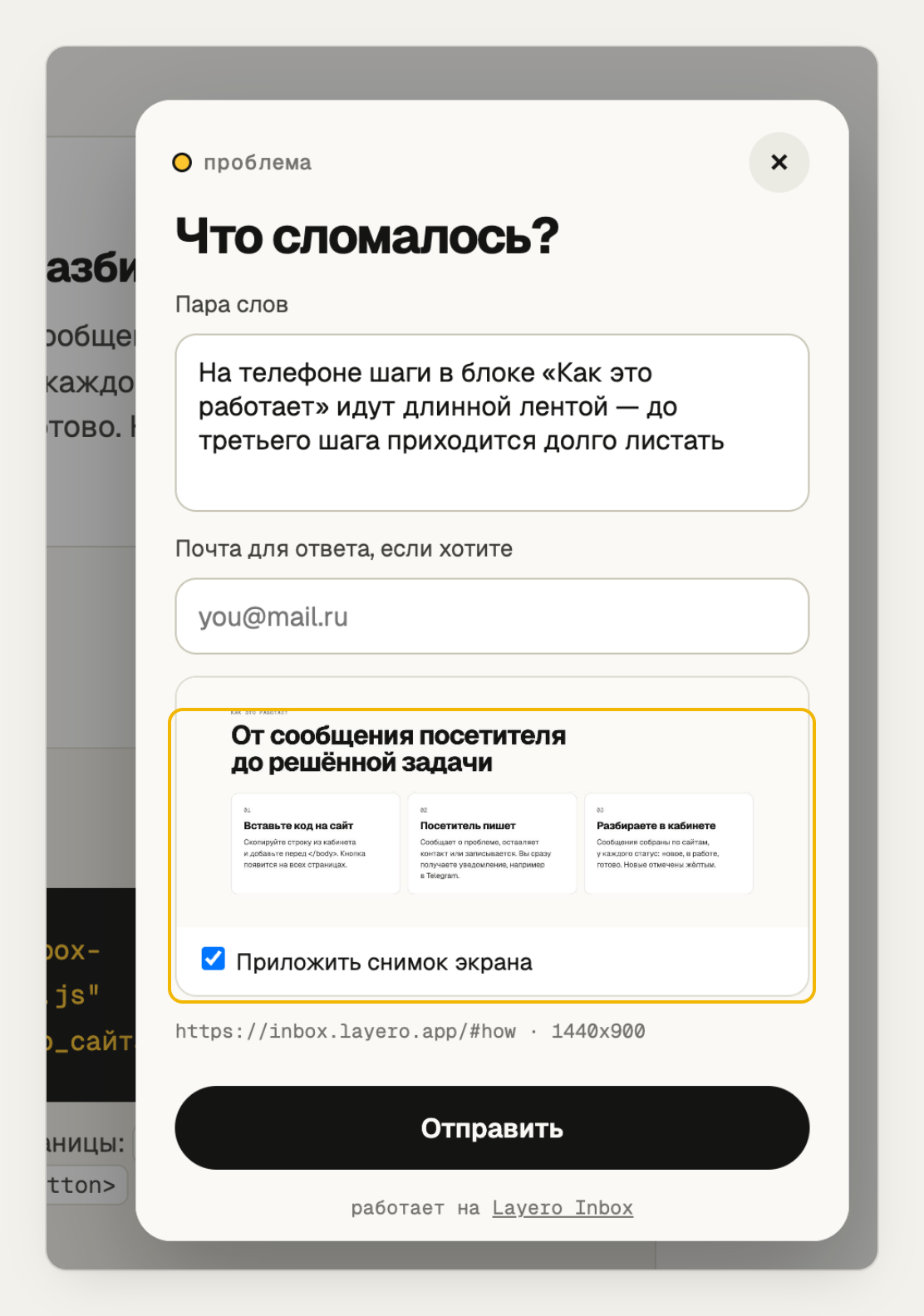 Problem form with a screenshot